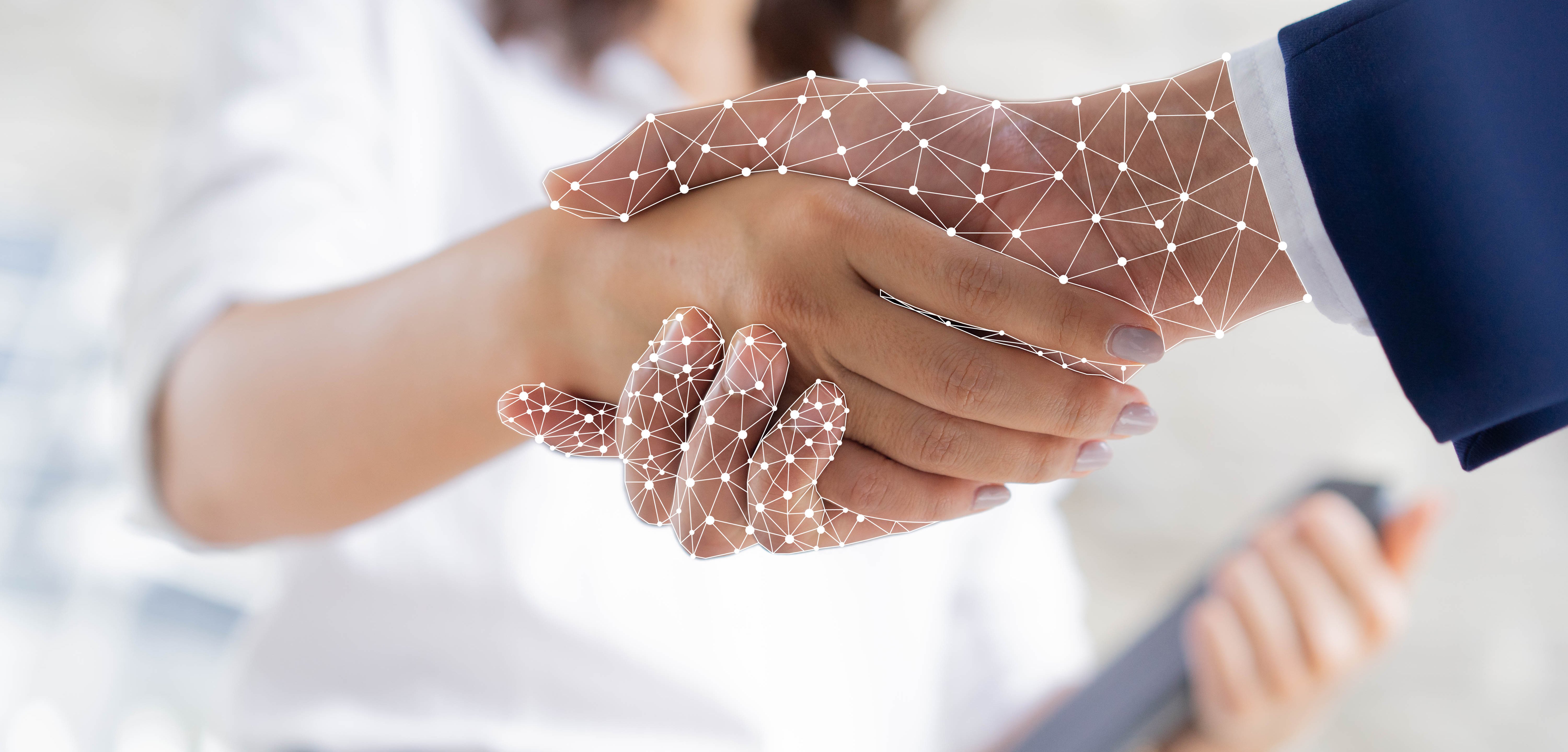 close up on businesswoman hand shaking with robotic AI hologram to confirm and dealing for business and technology innovation of RPA concept